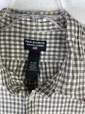 vtg Ralph Lauren Polo Jeans button front Shirt Mens XL White black Plaid Camp